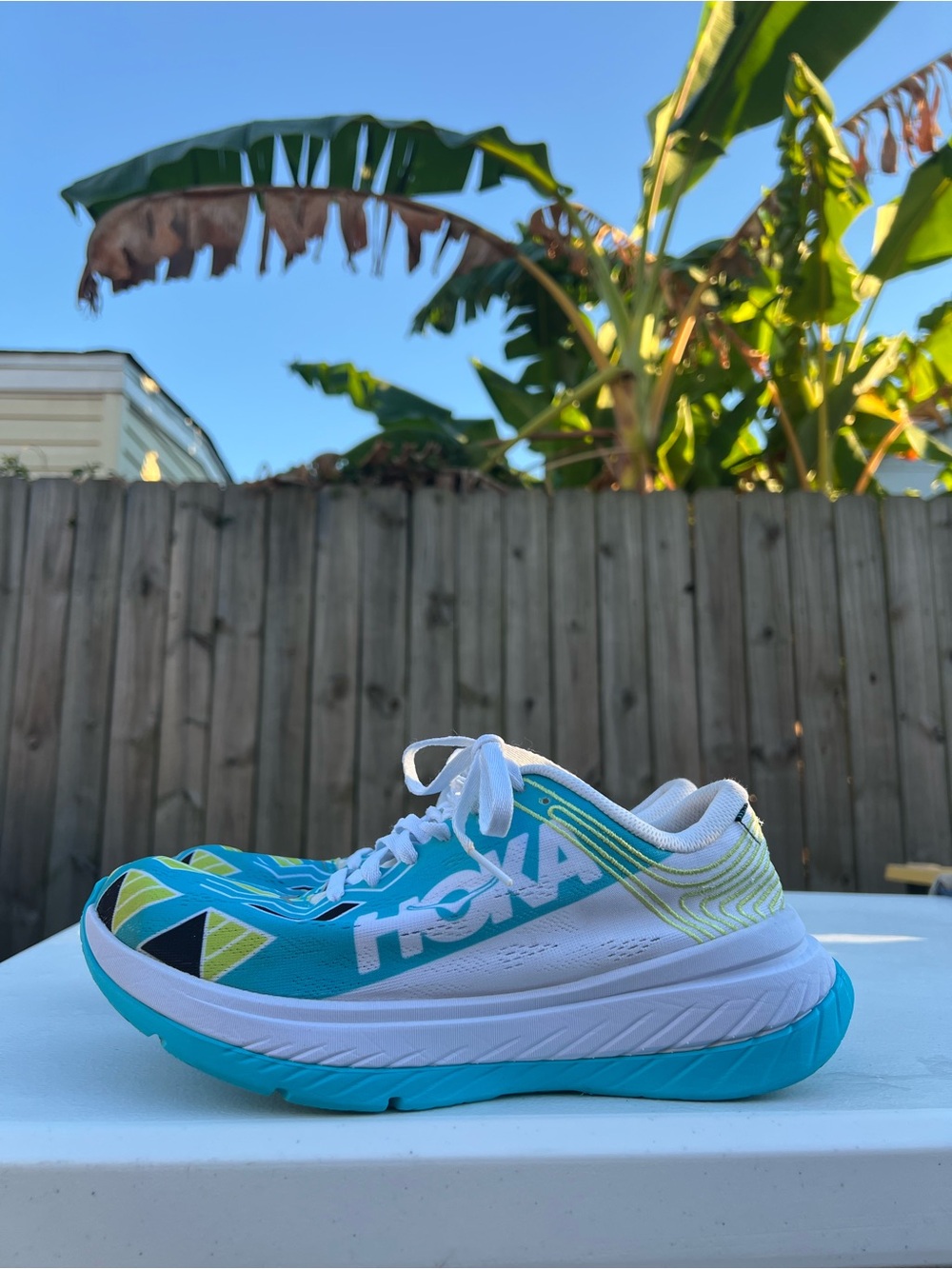 Unisex Hoka Ironman Turquoise White and Lime Running Sneakers size men 8 women 9